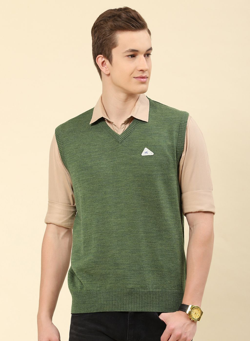 Men Green Solid Blend wool Sweater