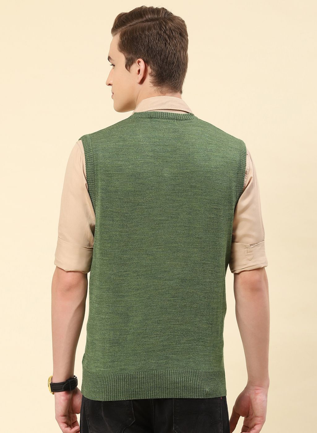 Men Green Solid Blend wool Sweater