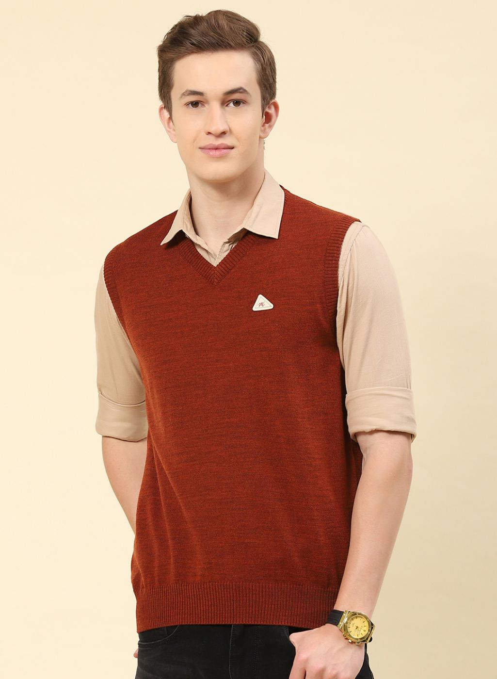 Men Rust Orange Solid Blend wool Sweater