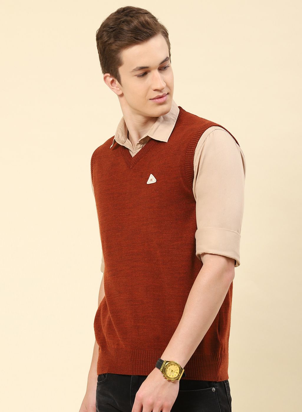 Men Rust Orange Solid Blend wool Sweater