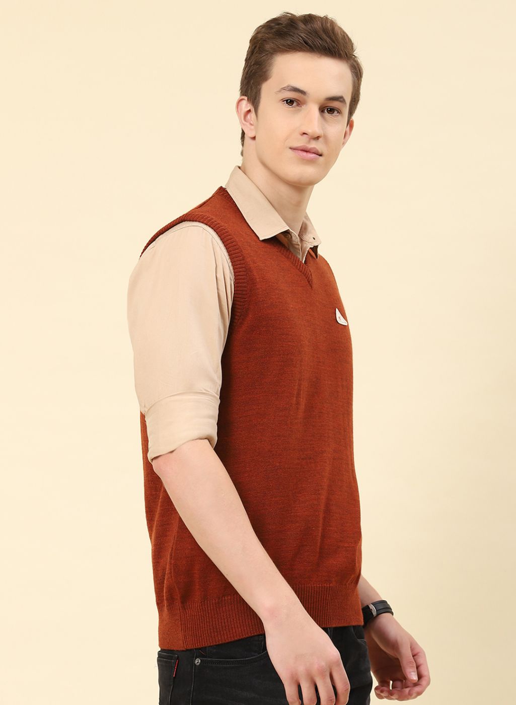 Men Rust Orange Solid Blend wool Sweater