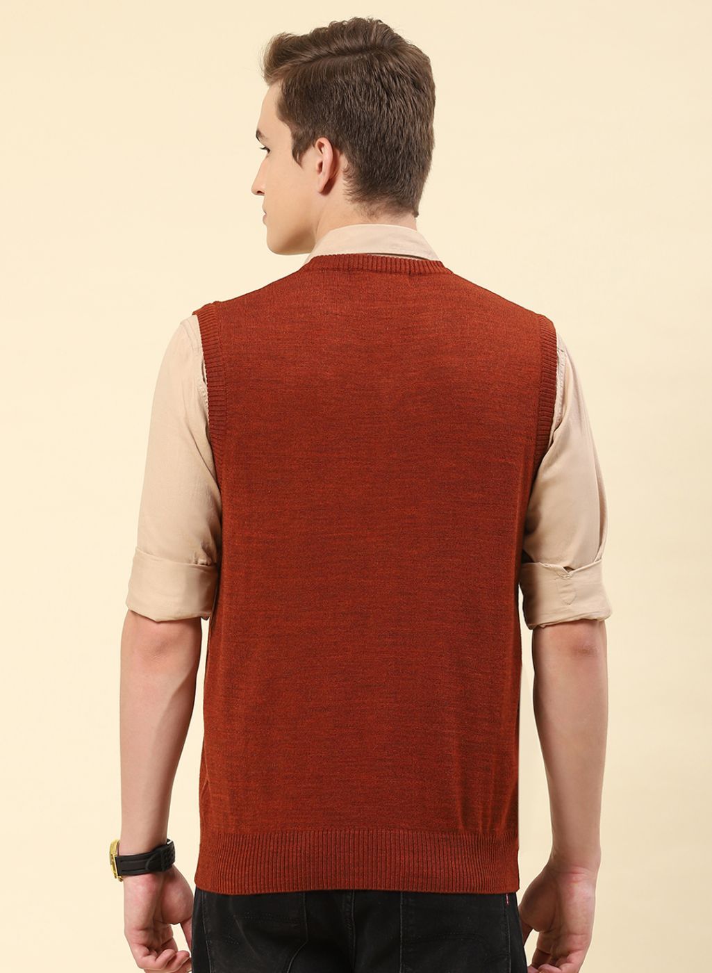 Men Rust Orange Solid Blend wool Sweater