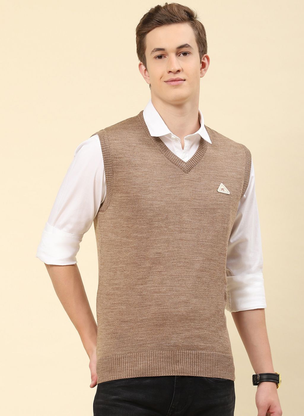 Men Brown Solid Blend wool Sweater