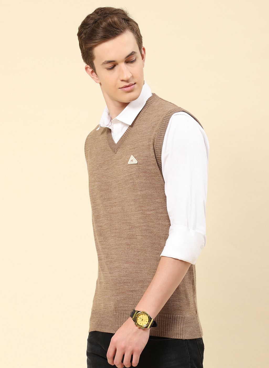 Men Brown Solid Blend wool Sweater