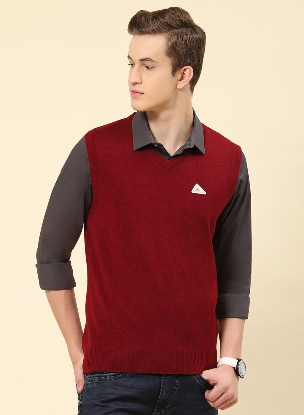 Men Red Solid Blend wool Sweater
