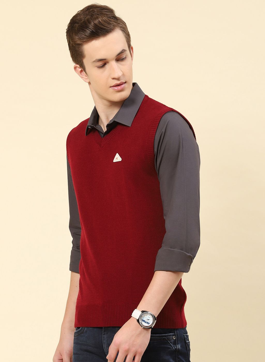 Men Red Solid Blend wool Sweater