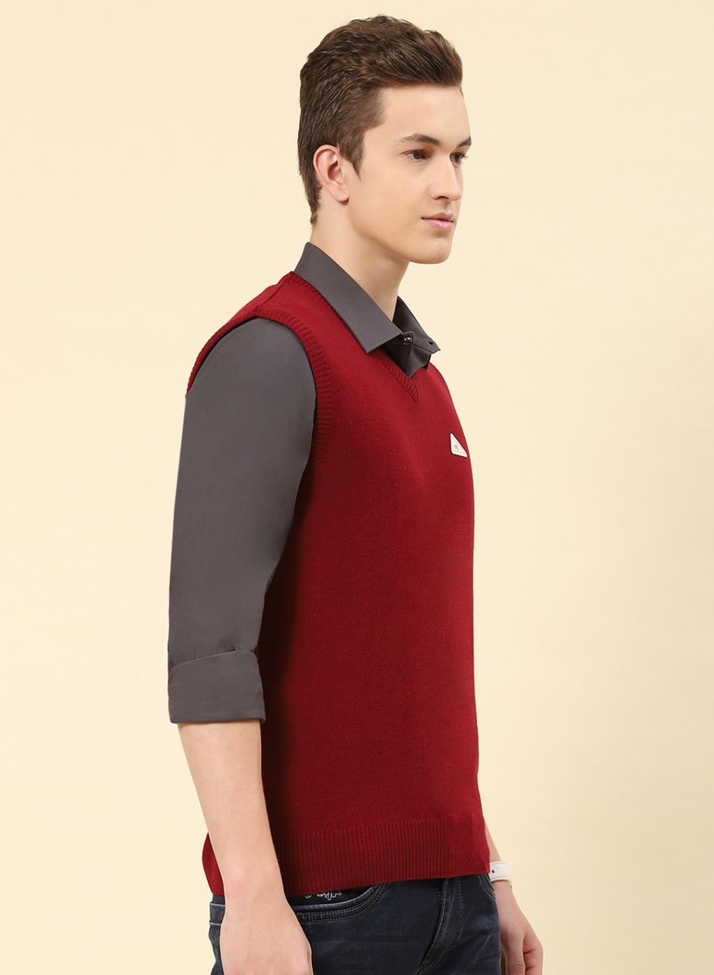 Men Red Solid Blend wool Sweater
