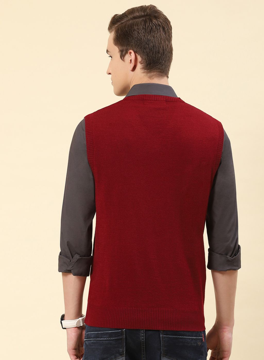 Men Red Solid Blend wool Sweater