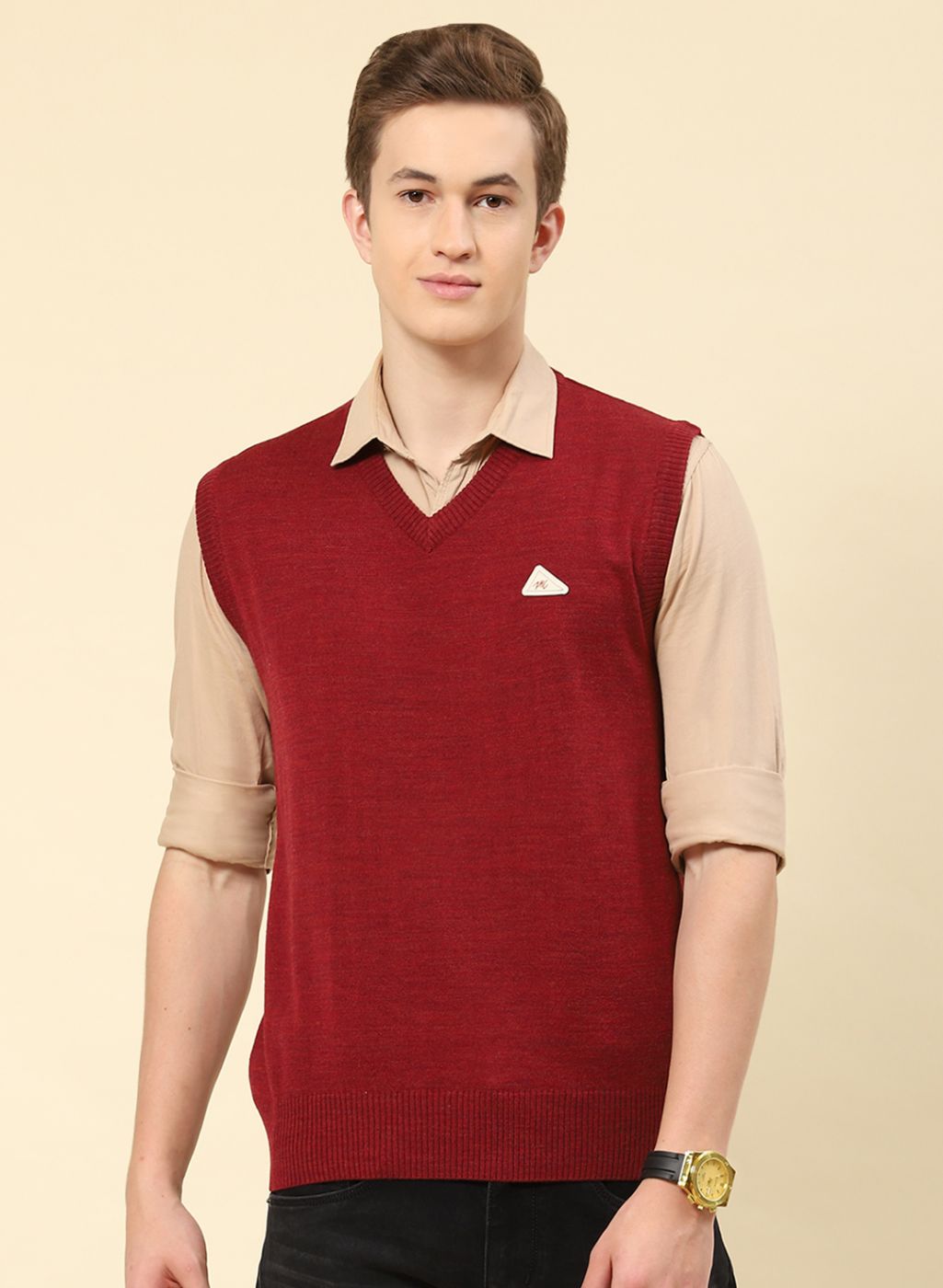 Men Maroon Solid Blend wool Sweater