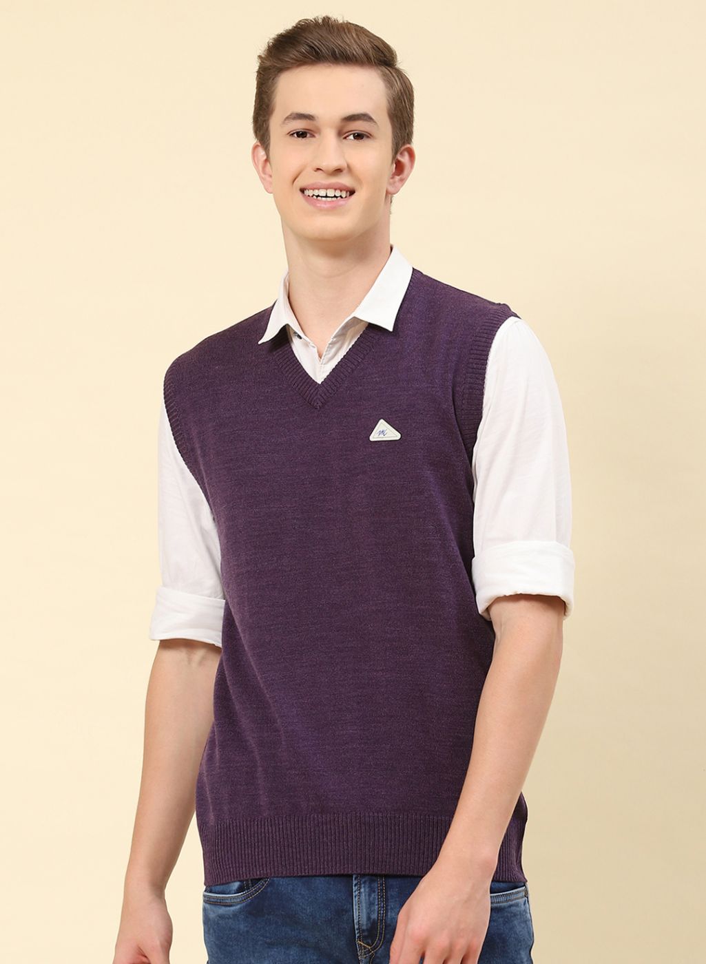 Men Purple Solid Blend wool Sweater