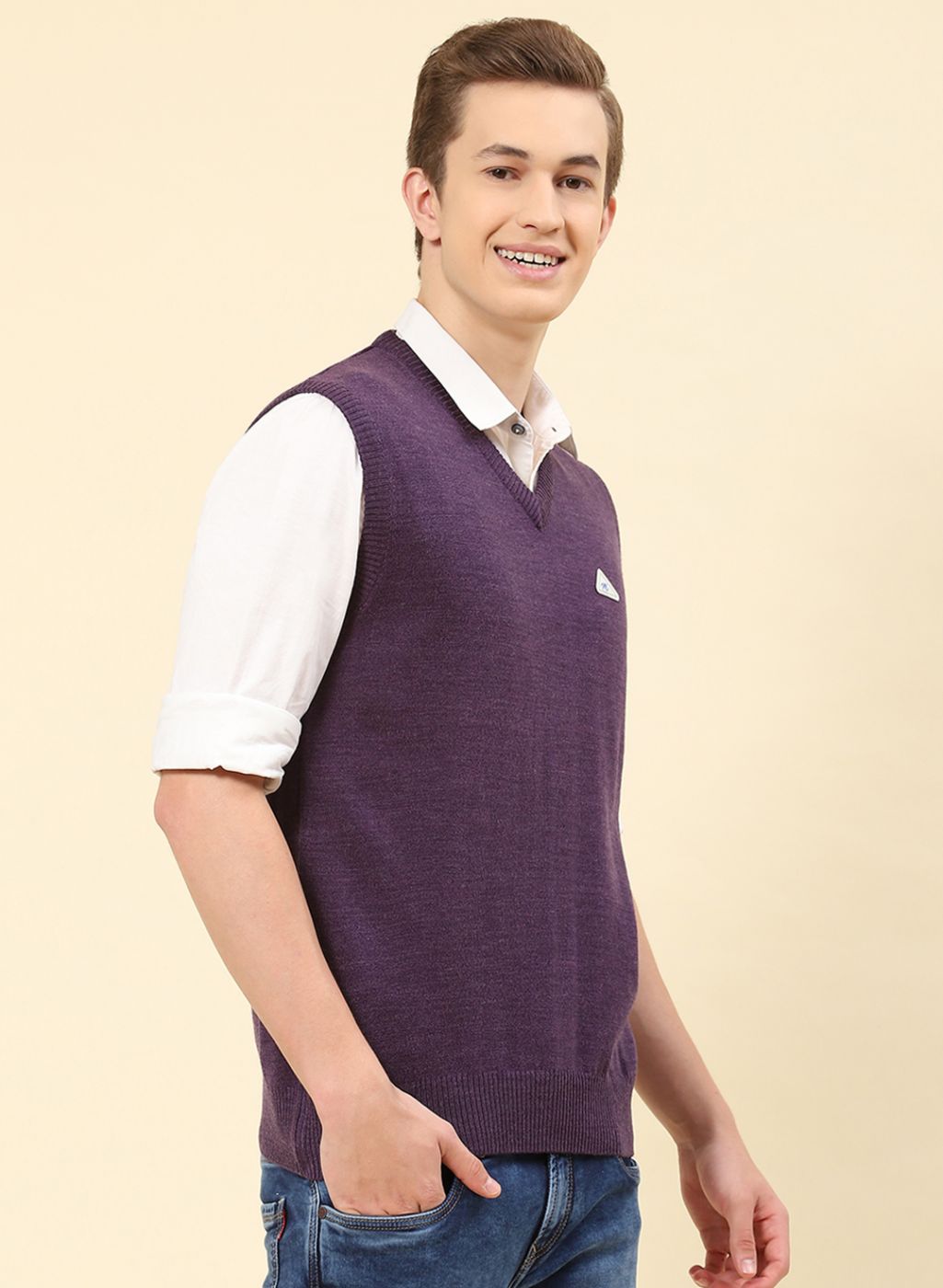 Men Purple Solid Blend wool Sweater