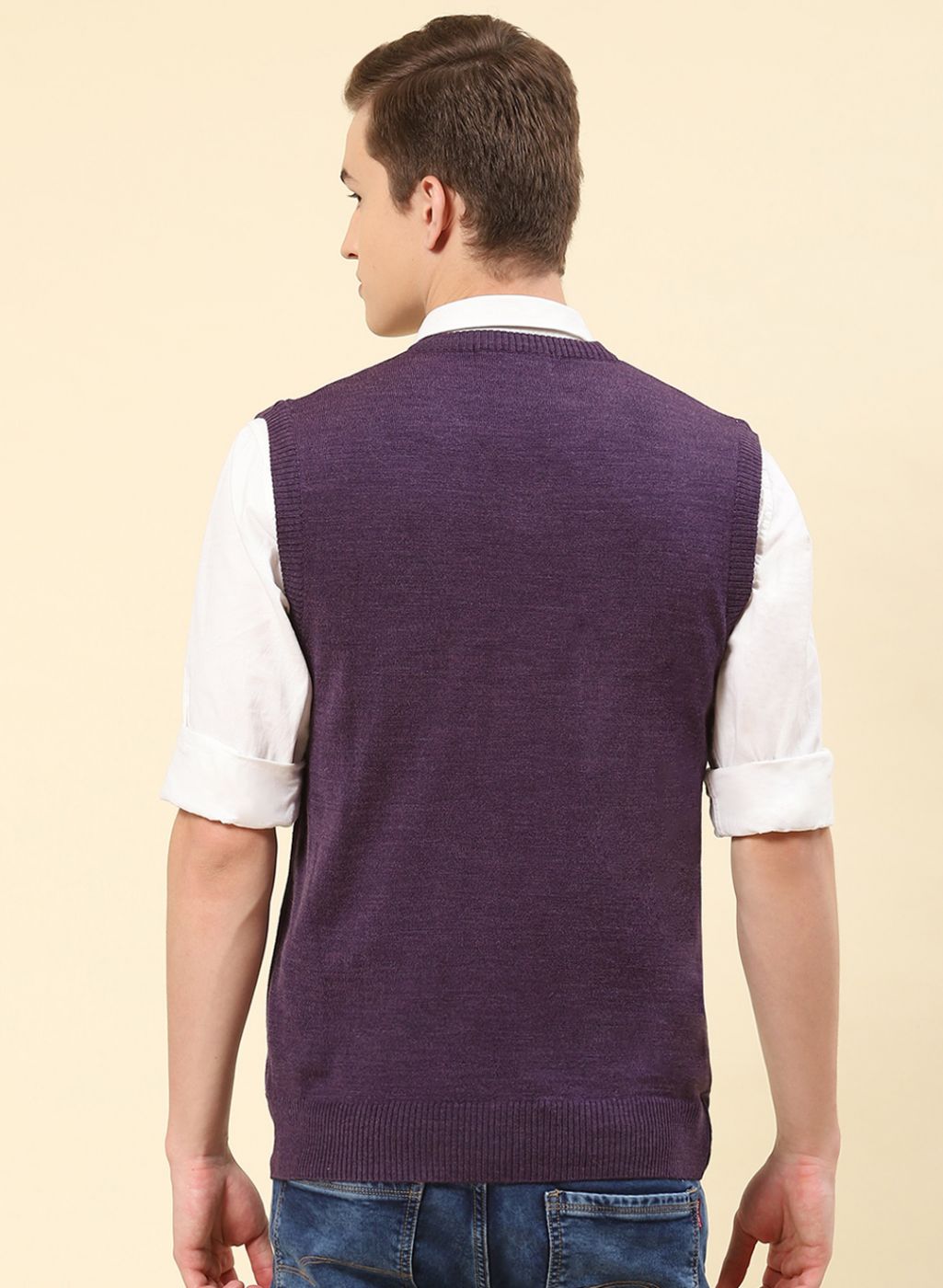 Men Purple Solid Blend wool Sweater