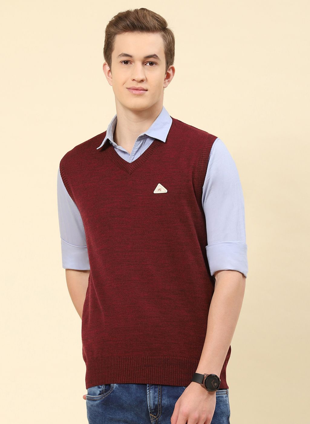 Men Maroon Solid Blend wool Sweater