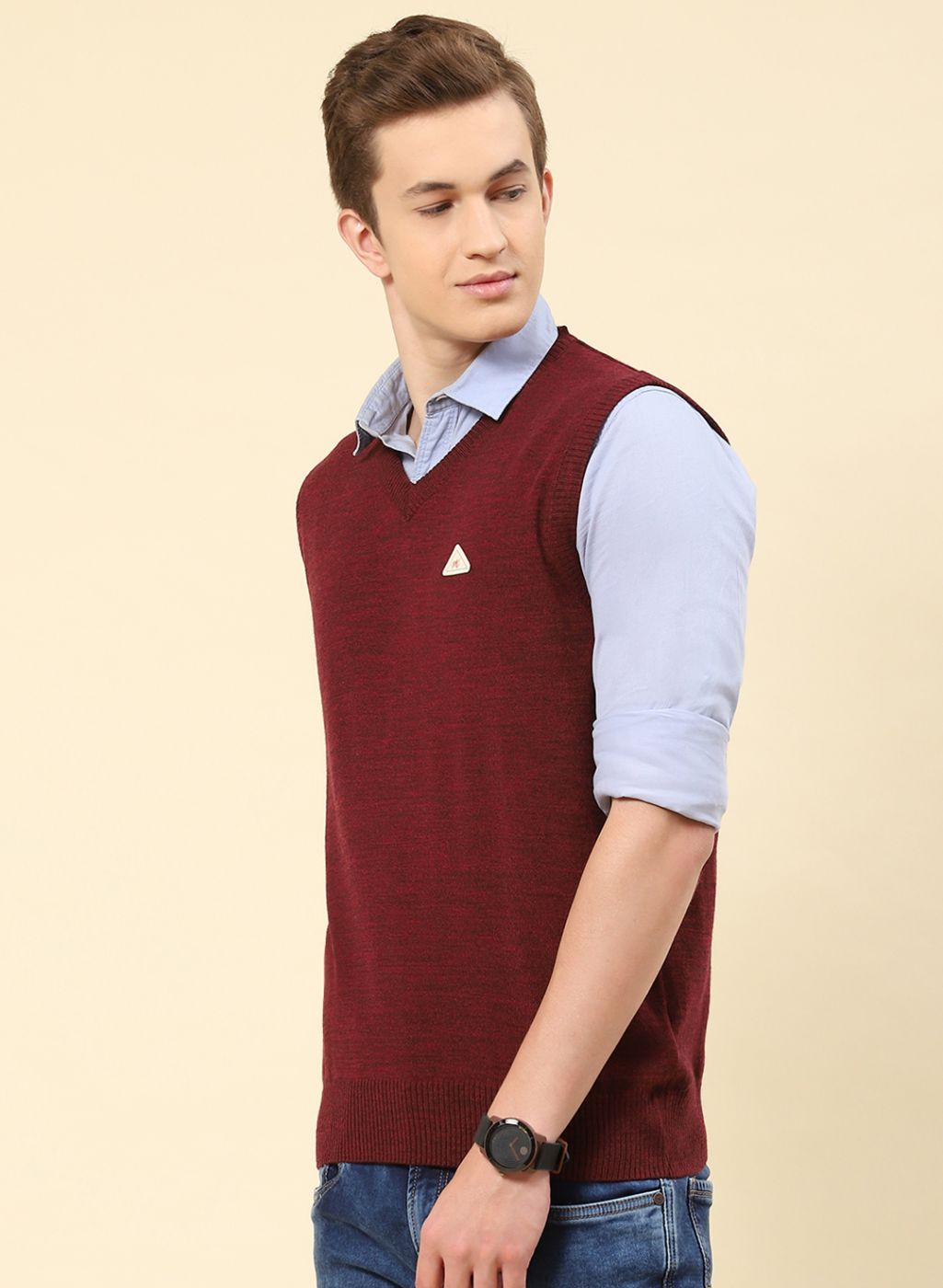 Men Maroon Solid Blend wool Sweater
