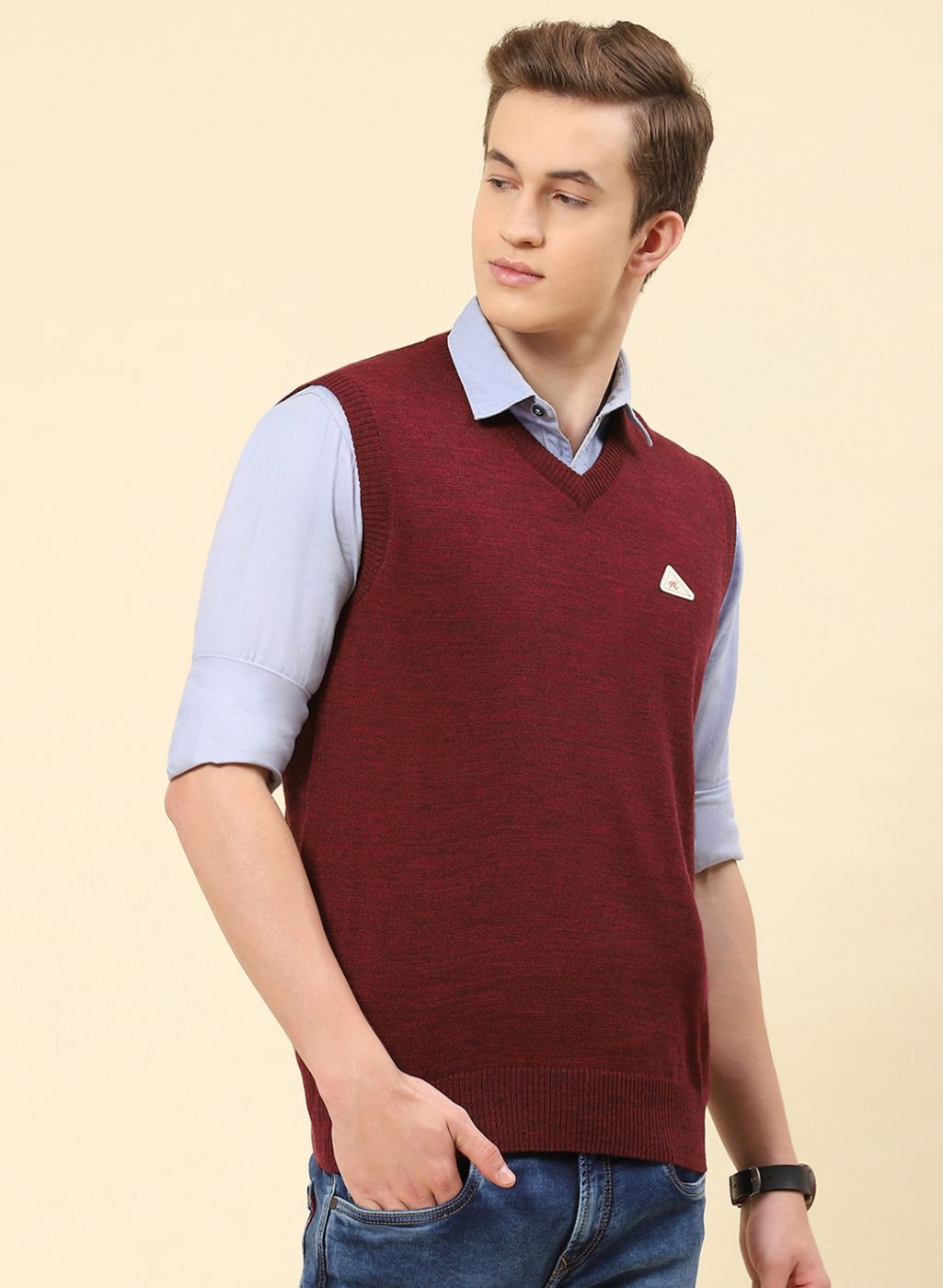 Men Maroon Solid Blend wool Sweater