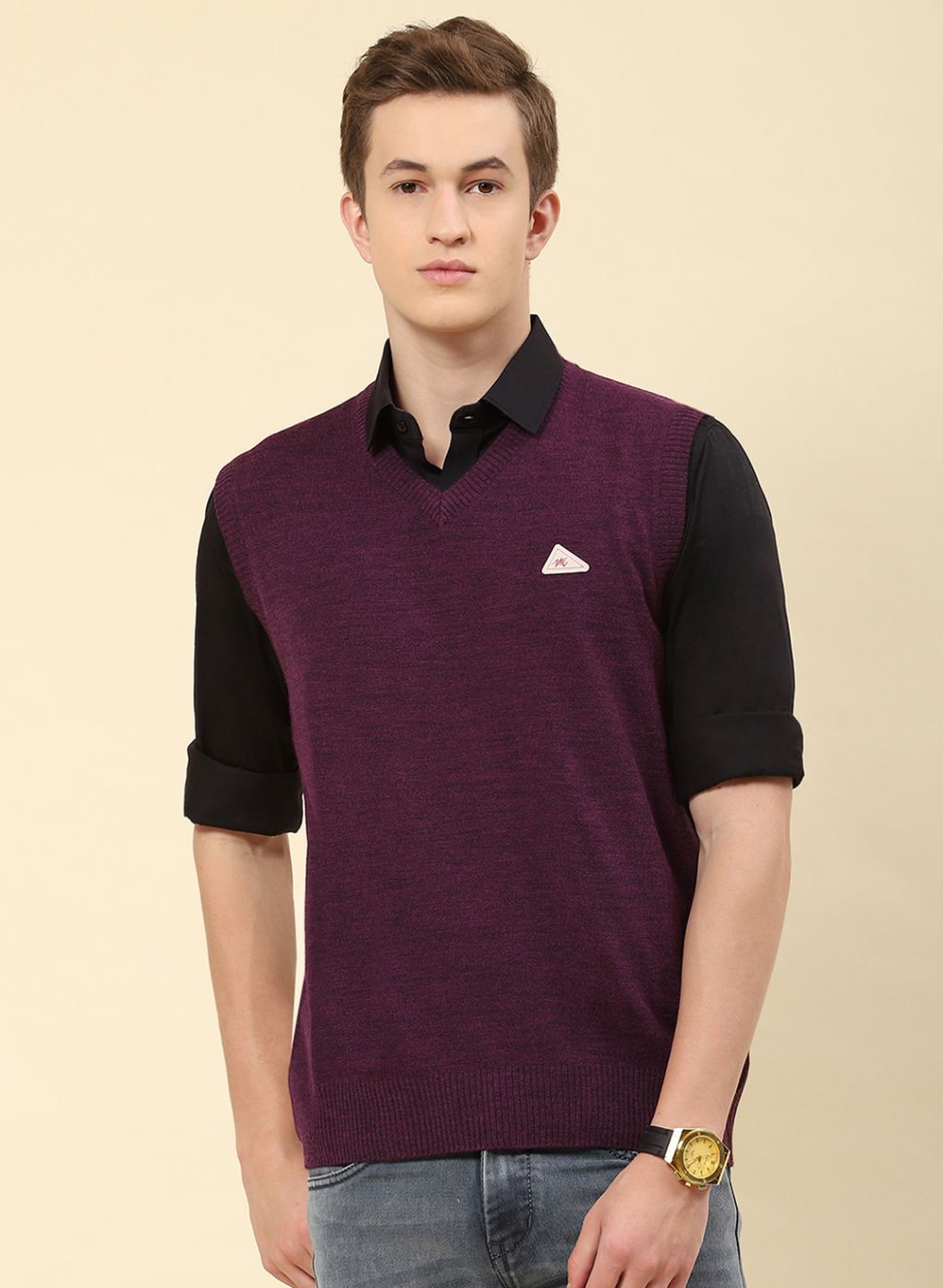 Men Purple Solid Blend wool Sweater