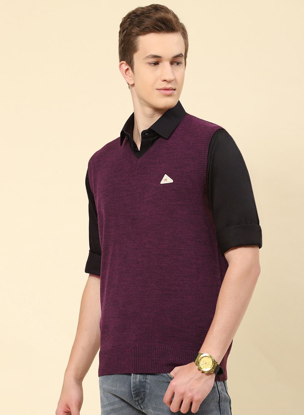 Men Purple Solid Blend wool Sweater