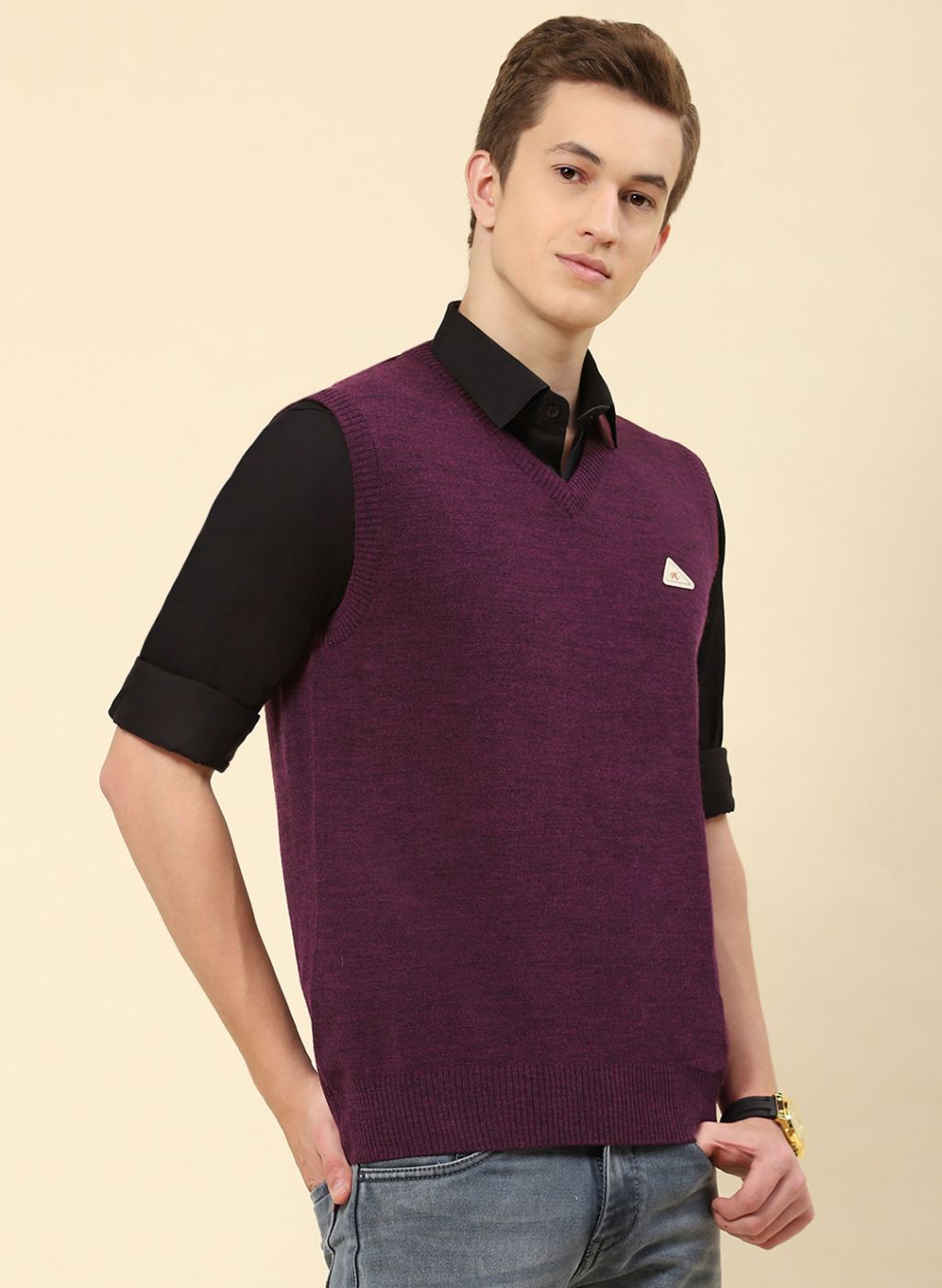 Men Purple Solid Blend wool Sweater