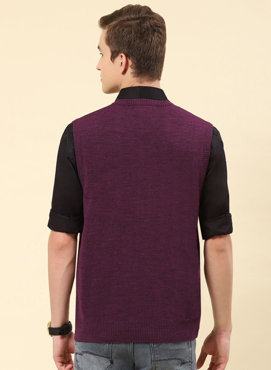 Men Purple Solid Blend wool Sweater