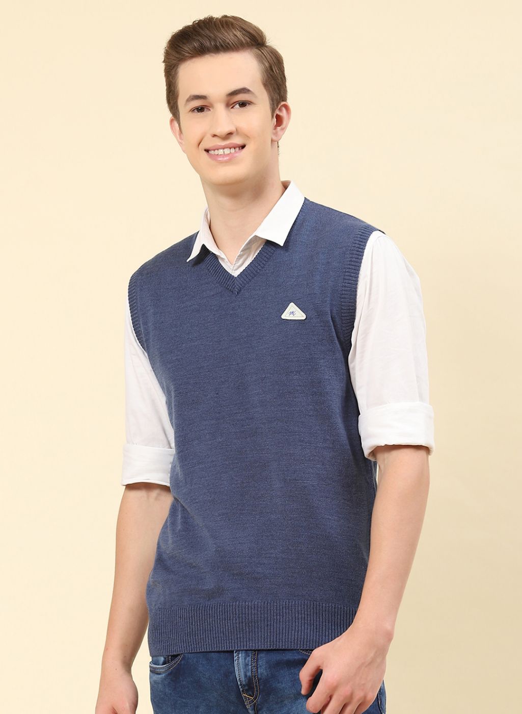 Men Blue Solid Blend wool Sweater