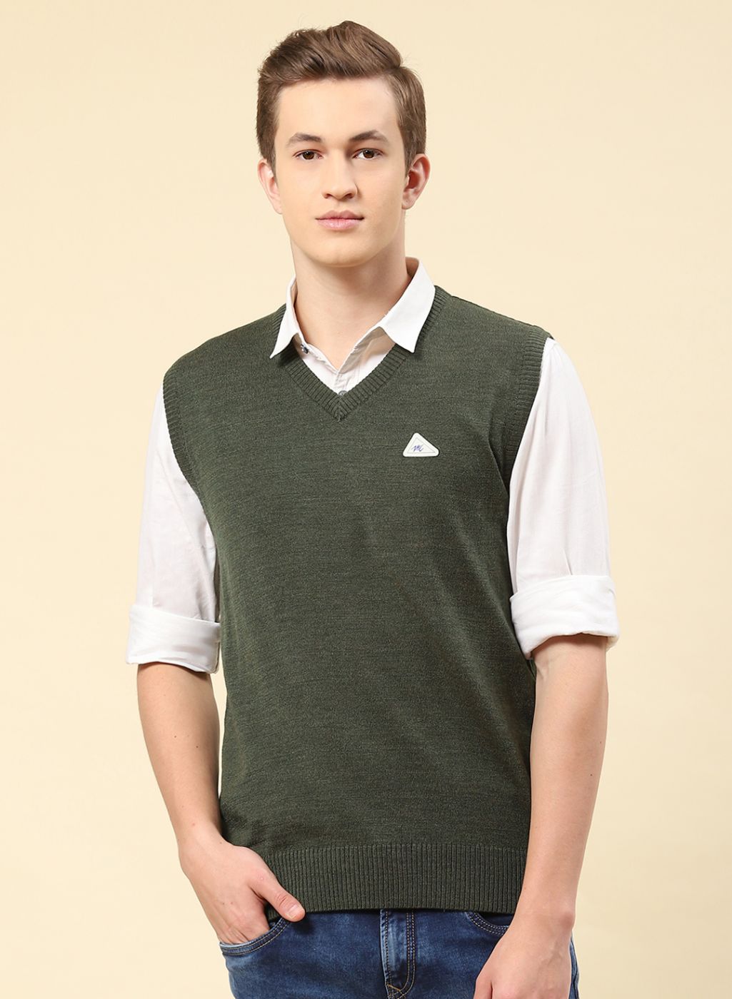 Men Green Solid Blend wool Sweater