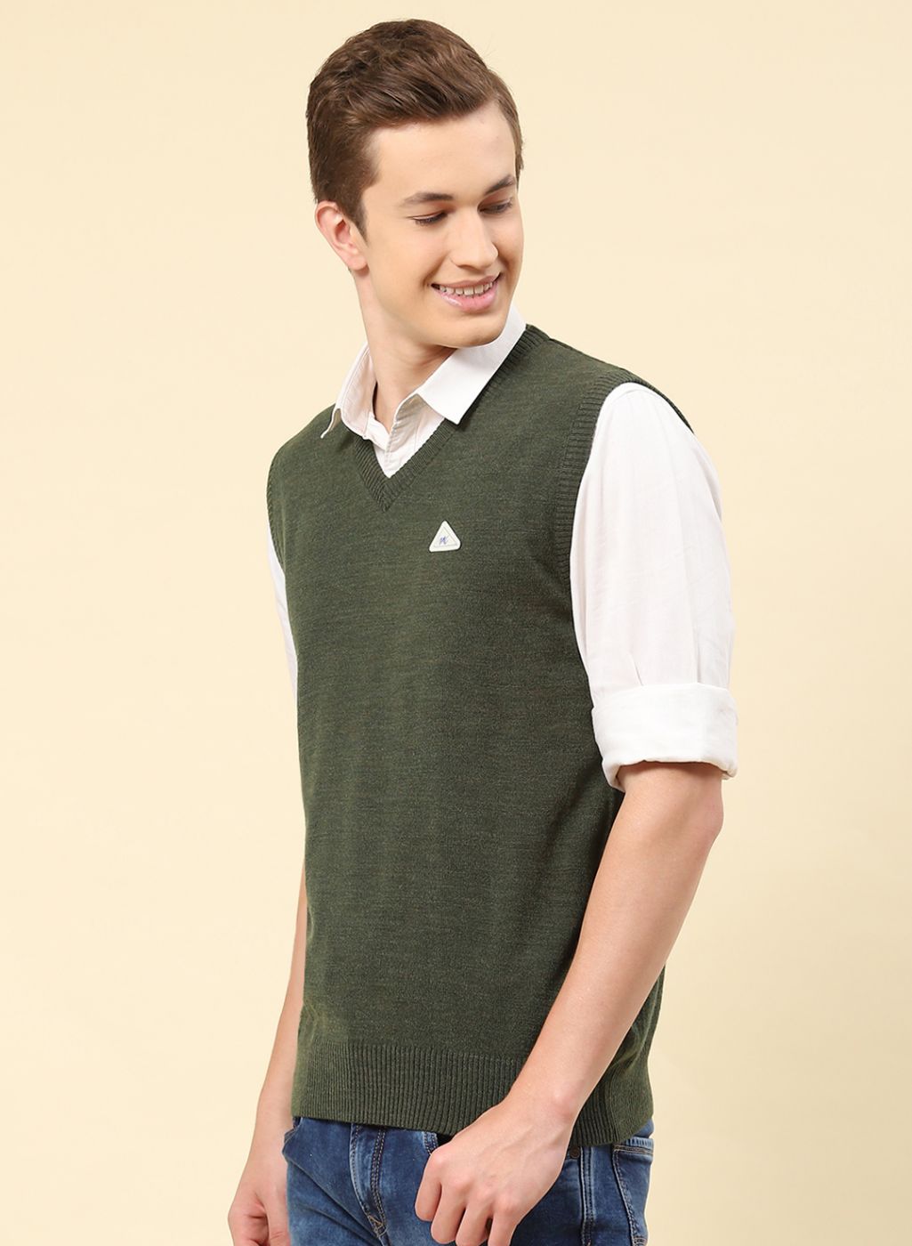 Men Green Solid Blend wool Sweater