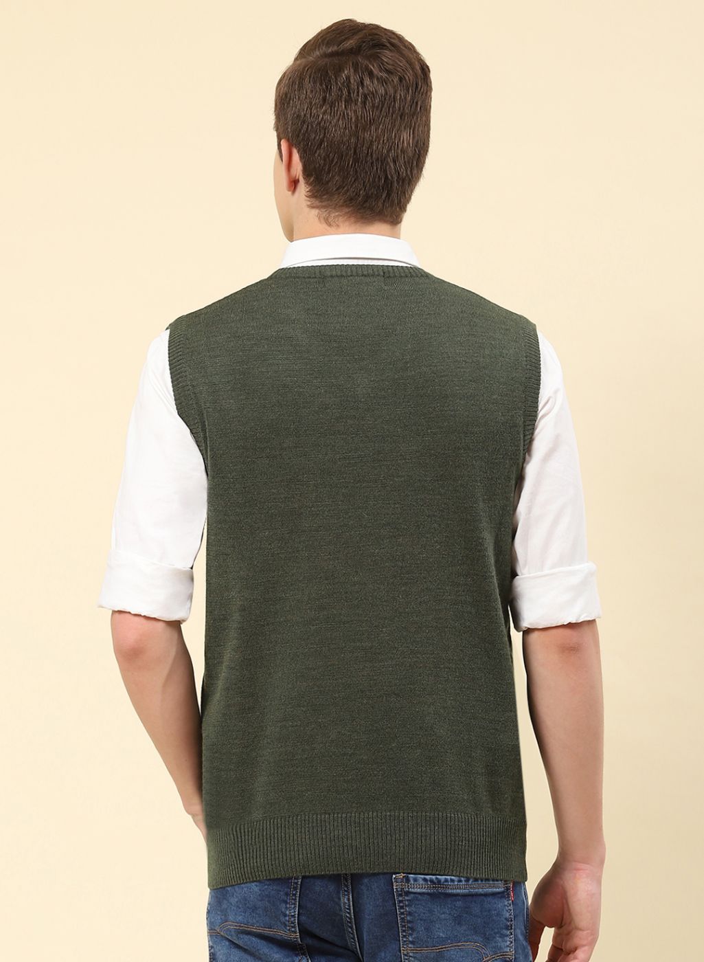 Men Green Solid Blend wool Sweater
