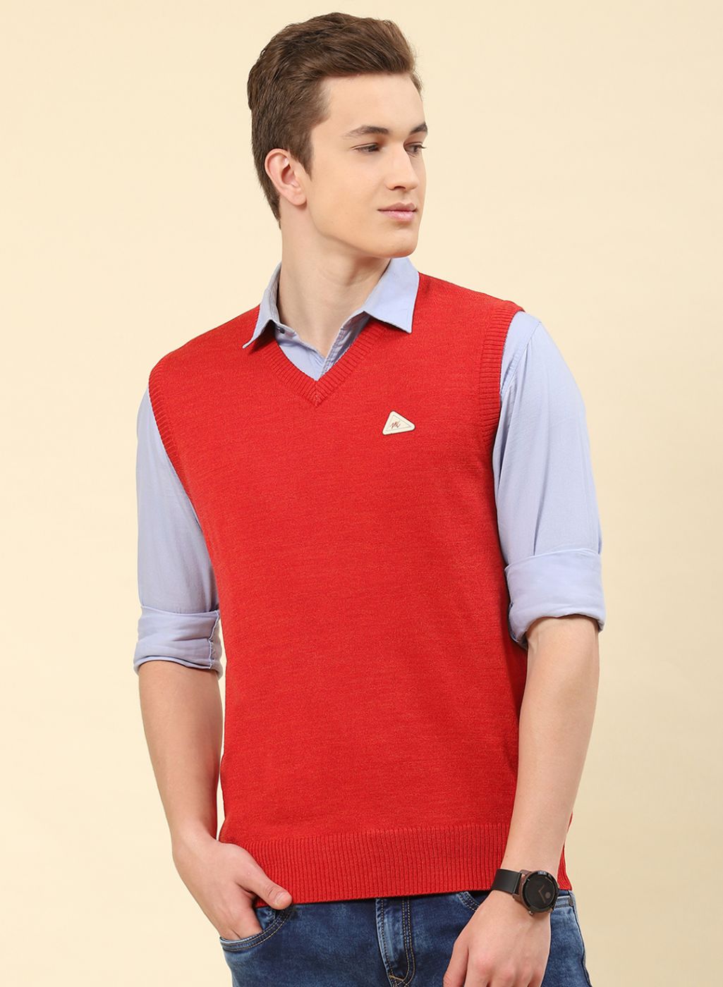 Men Red Solid Blend wool Sweater