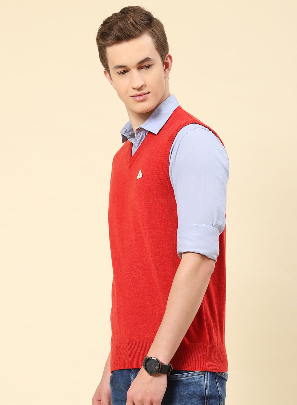 Men Red Solid Blend wool Sweater