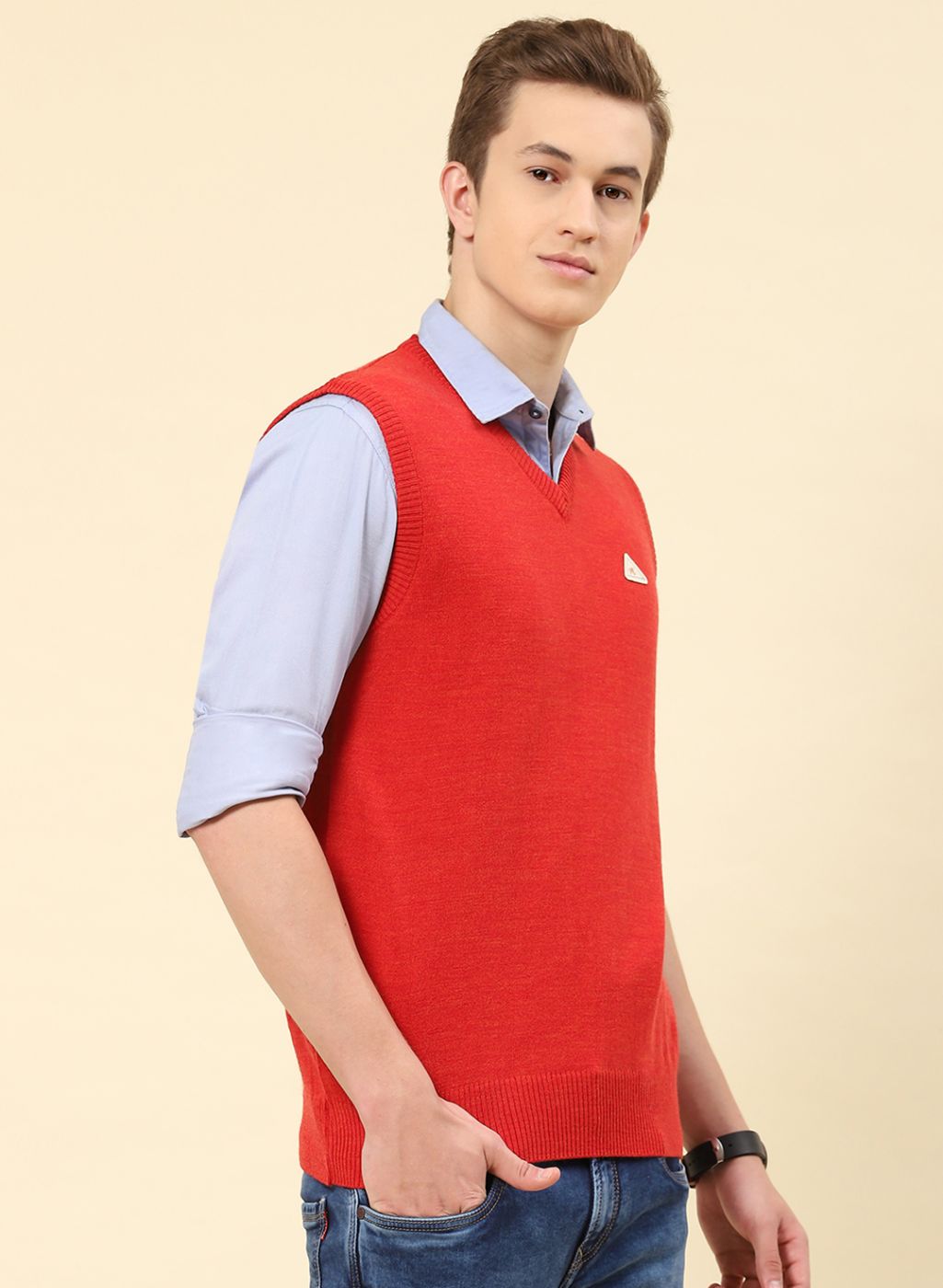 Men Red Solid Blend wool Sweater