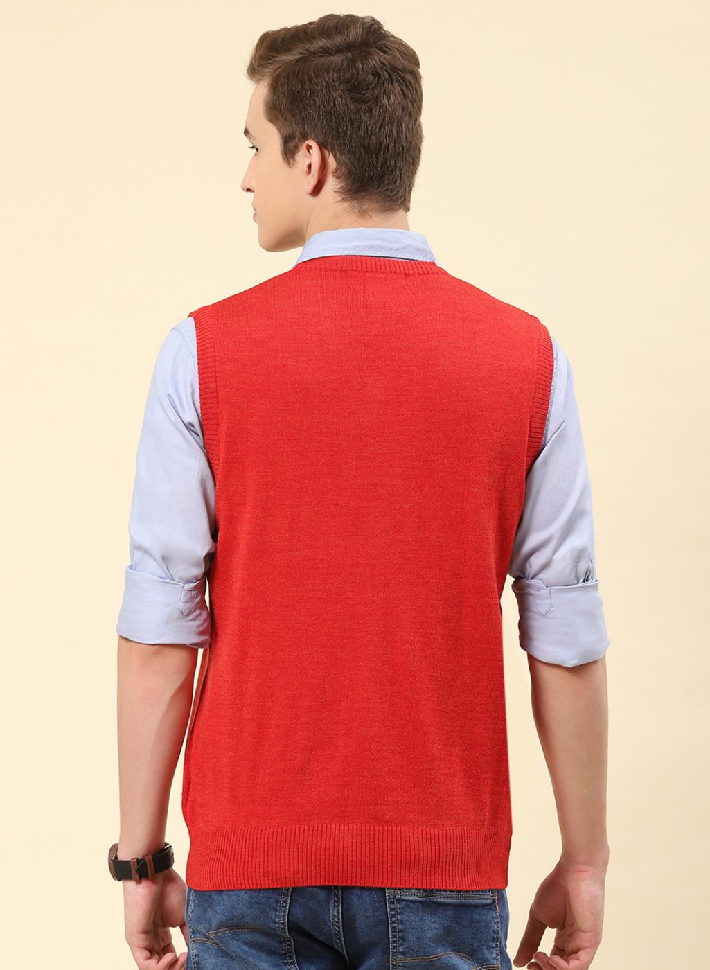 Men Red Solid Blend wool Sweater