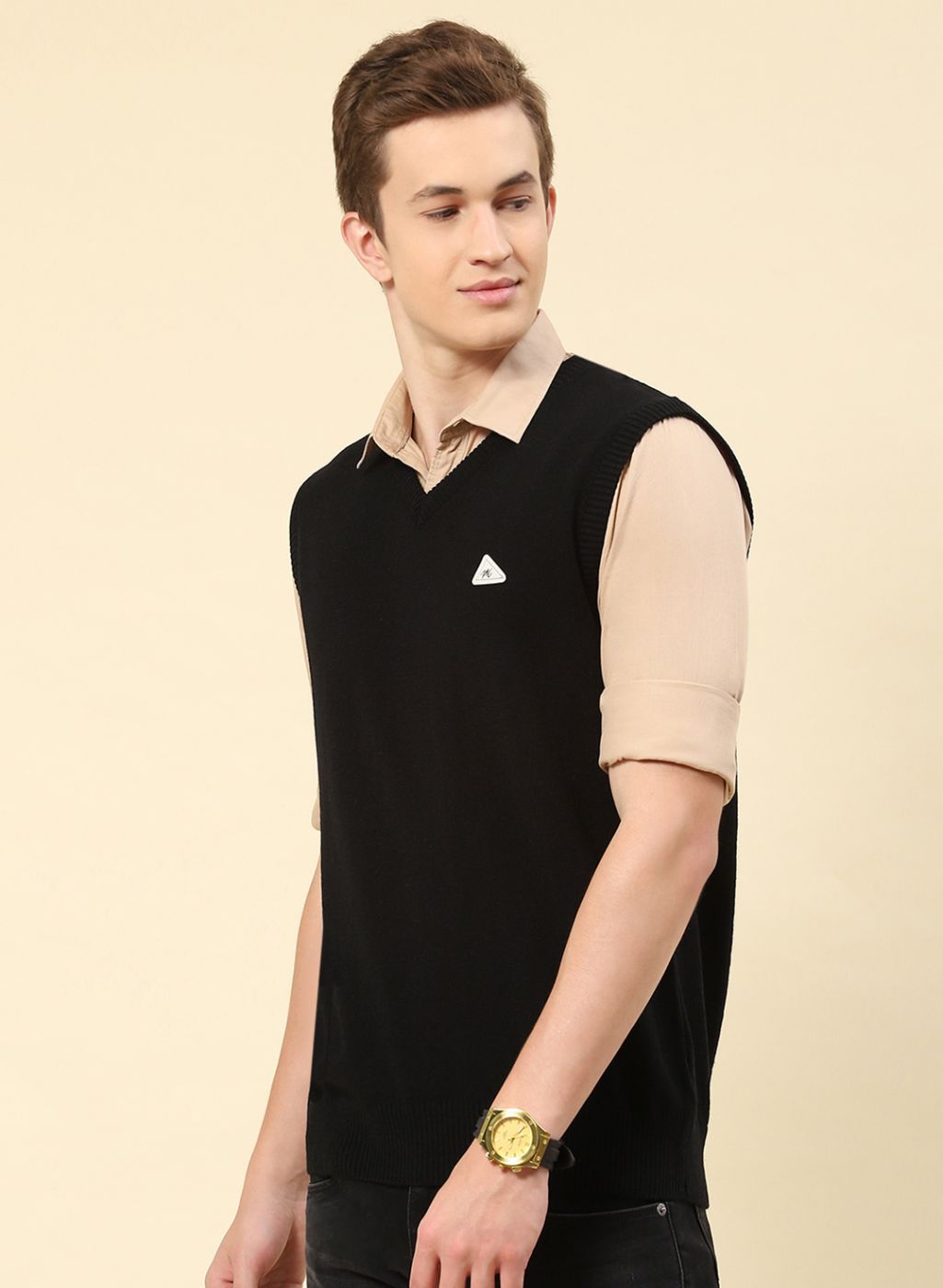 Men Black Solid Blend wool Sweater