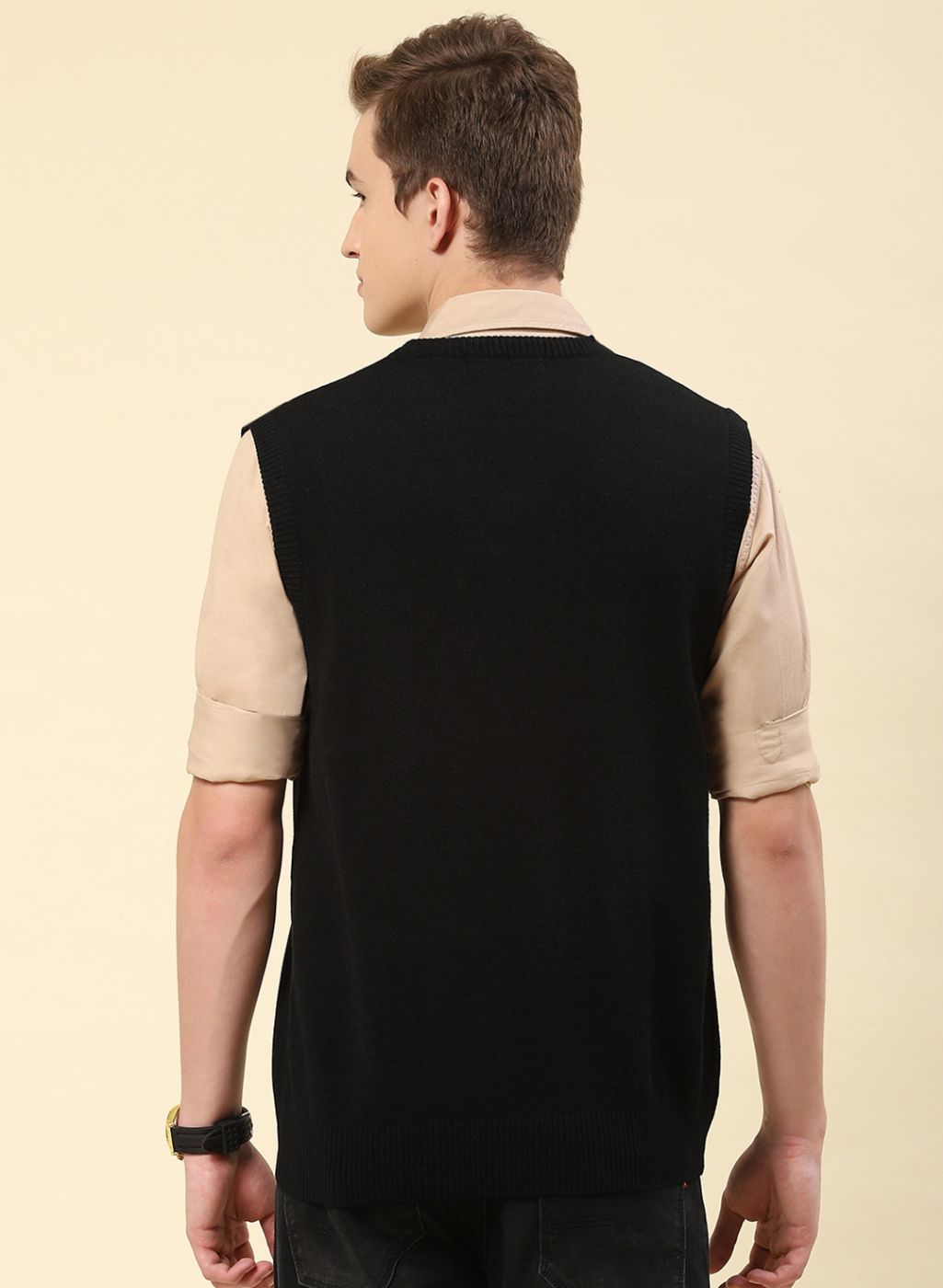 Men Black Solid Blend wool Sweater