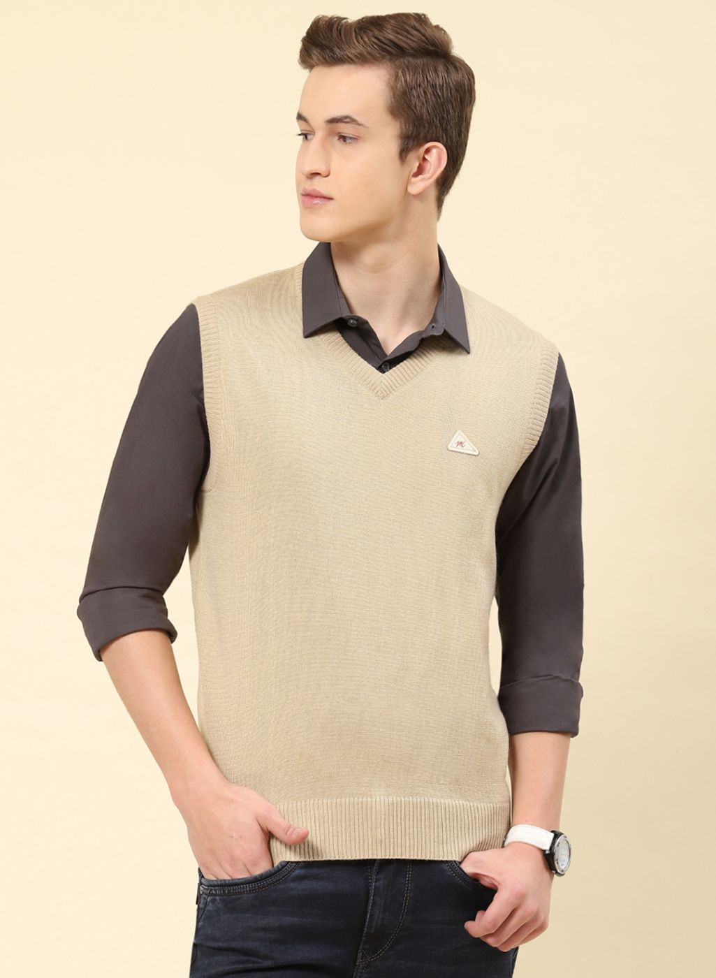 Men Brown Solid Blend wool Sweater