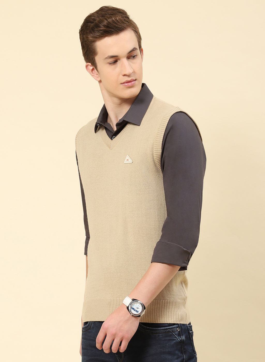 Men Brown Solid Blend wool Sweater