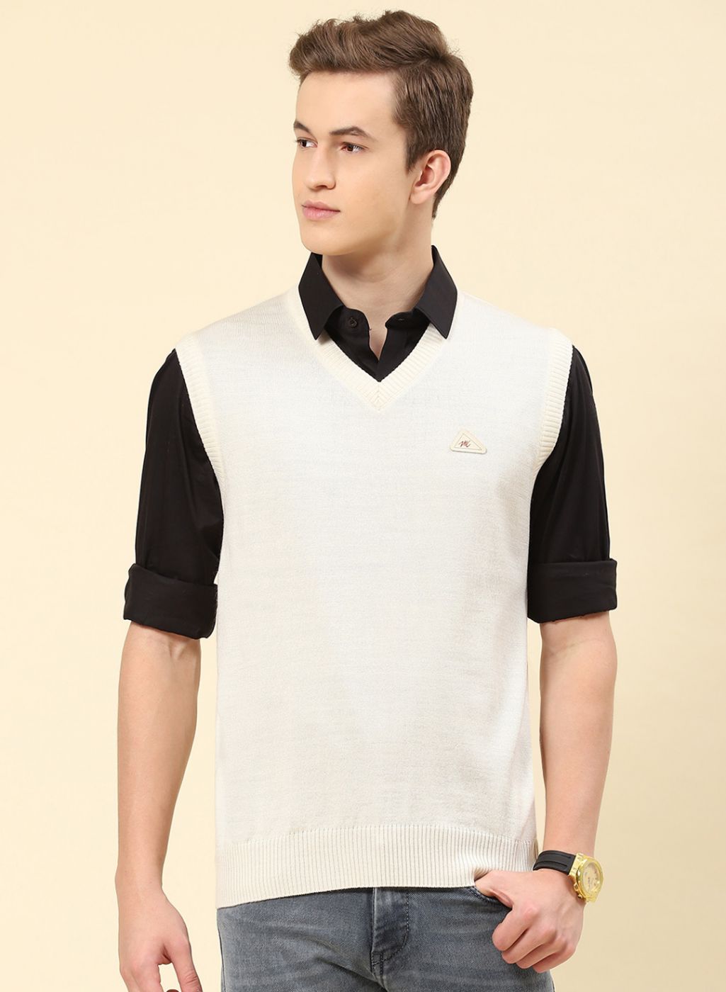 Men Cream Solid Blend wool Sweater