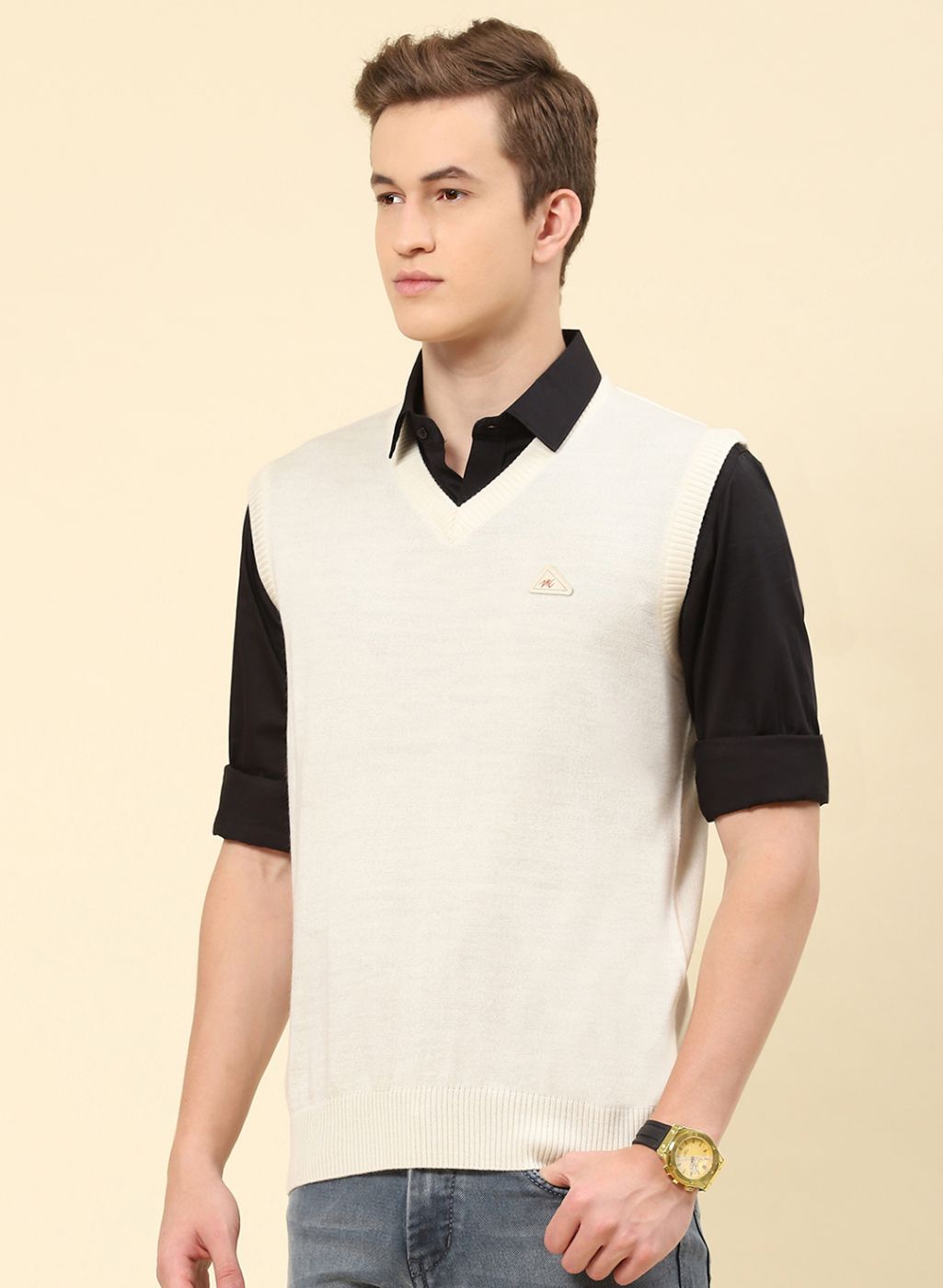 Men Cream Solid Blend wool Sweater