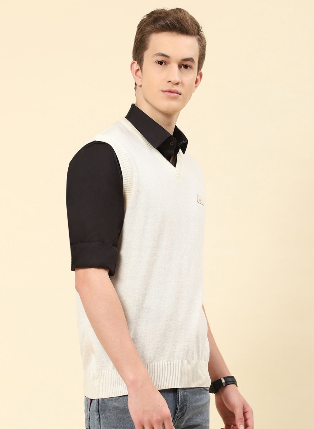 Men Cream Solid Blend wool Sweater