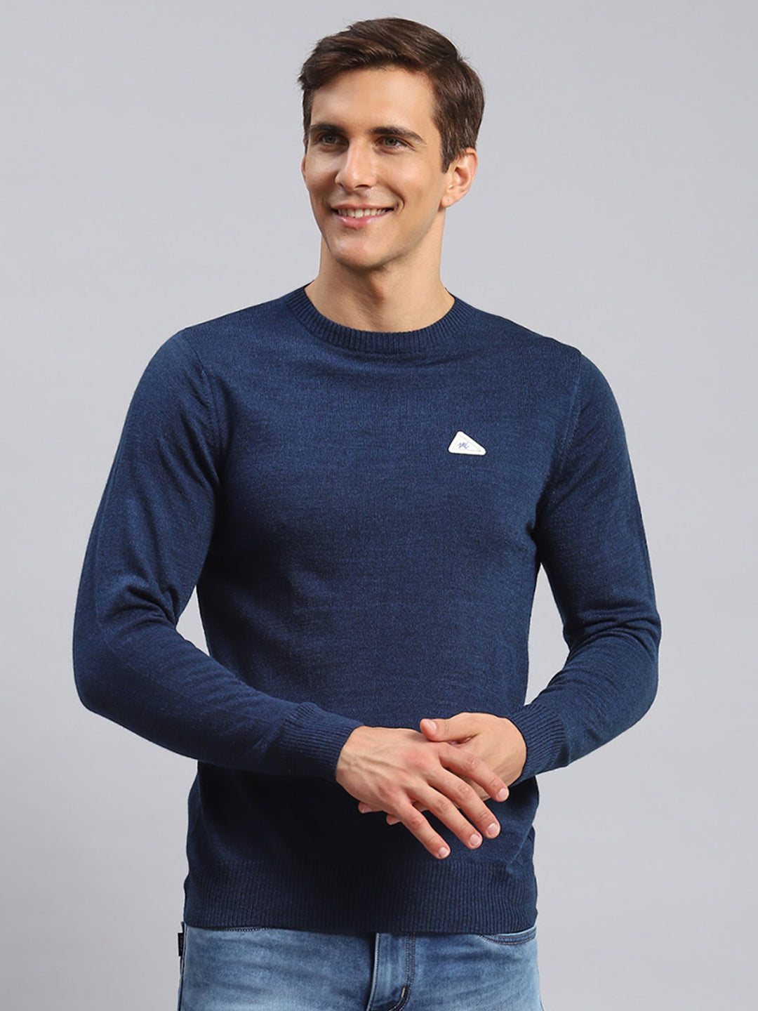 Men Navy Blue Solid Wool blend Pullover