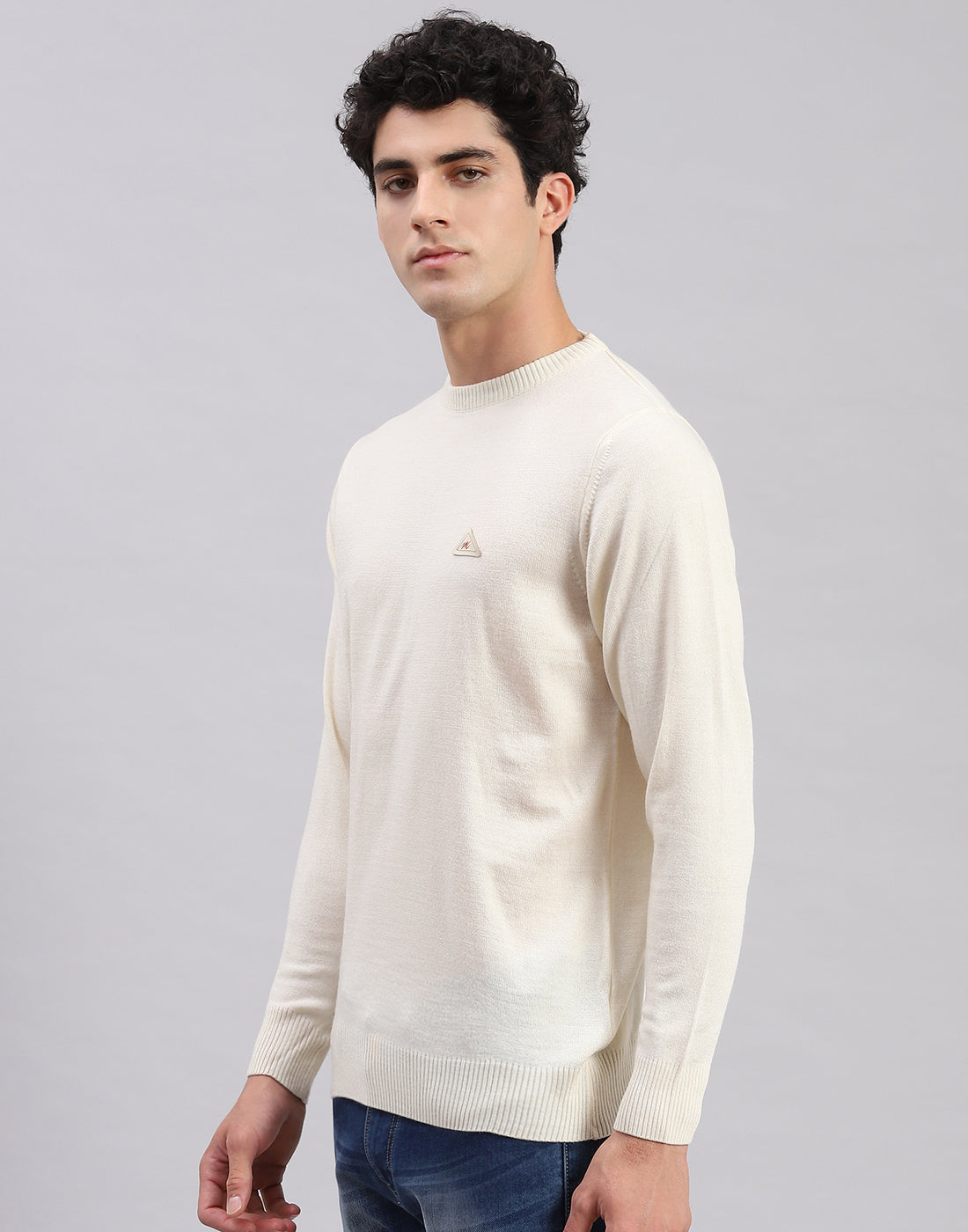 Men Cream Solid Round Neck Full Sleeve Sweaters/Pullovers