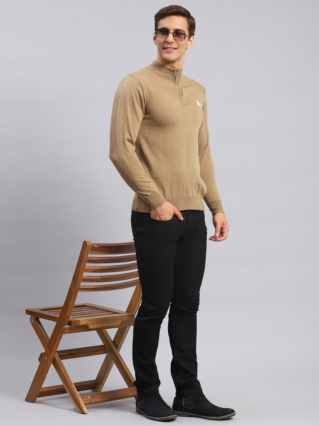 Men Beige Solid Wool blend Pullover