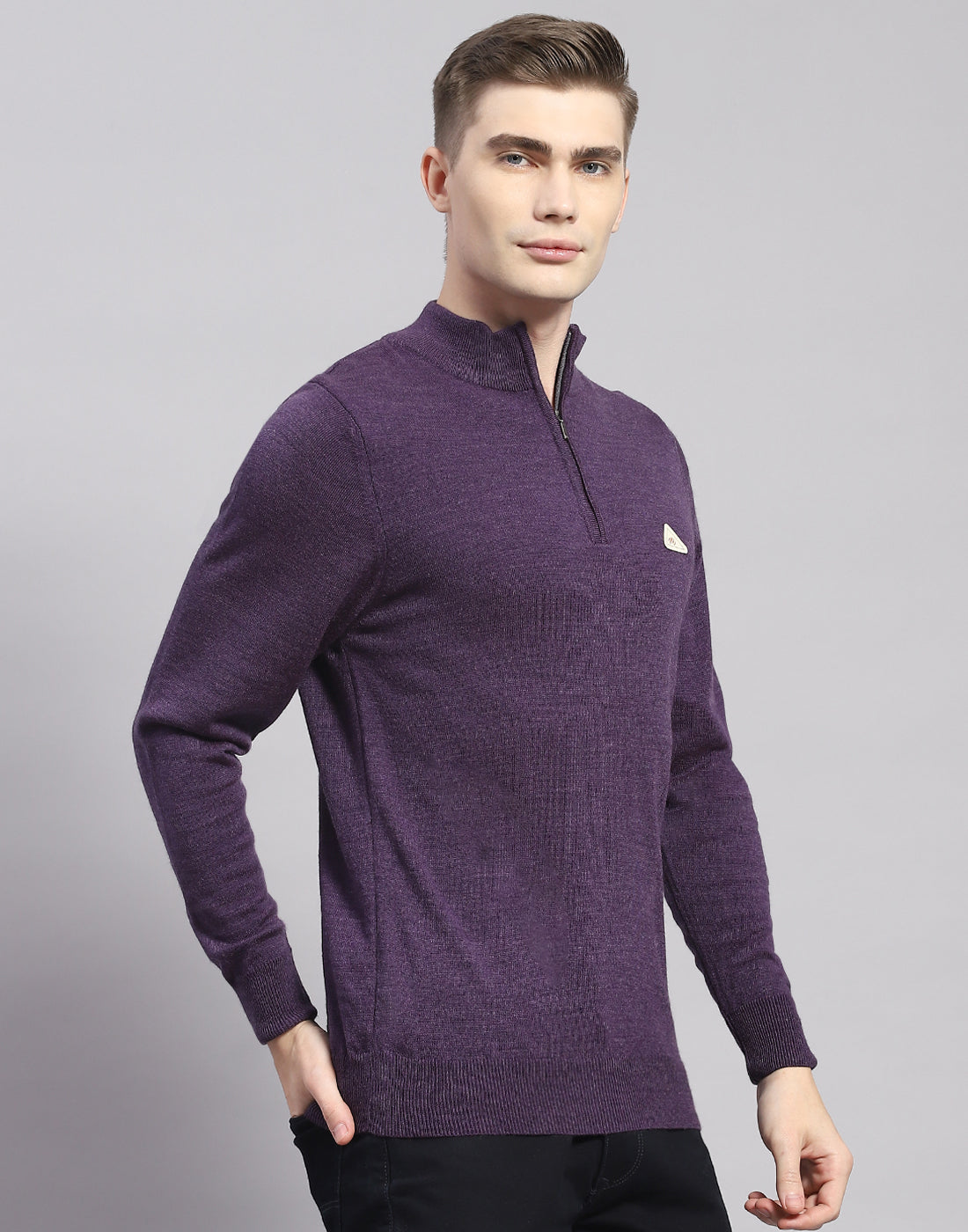 Men Purple Solid H Neck Full Sleeve Pullover