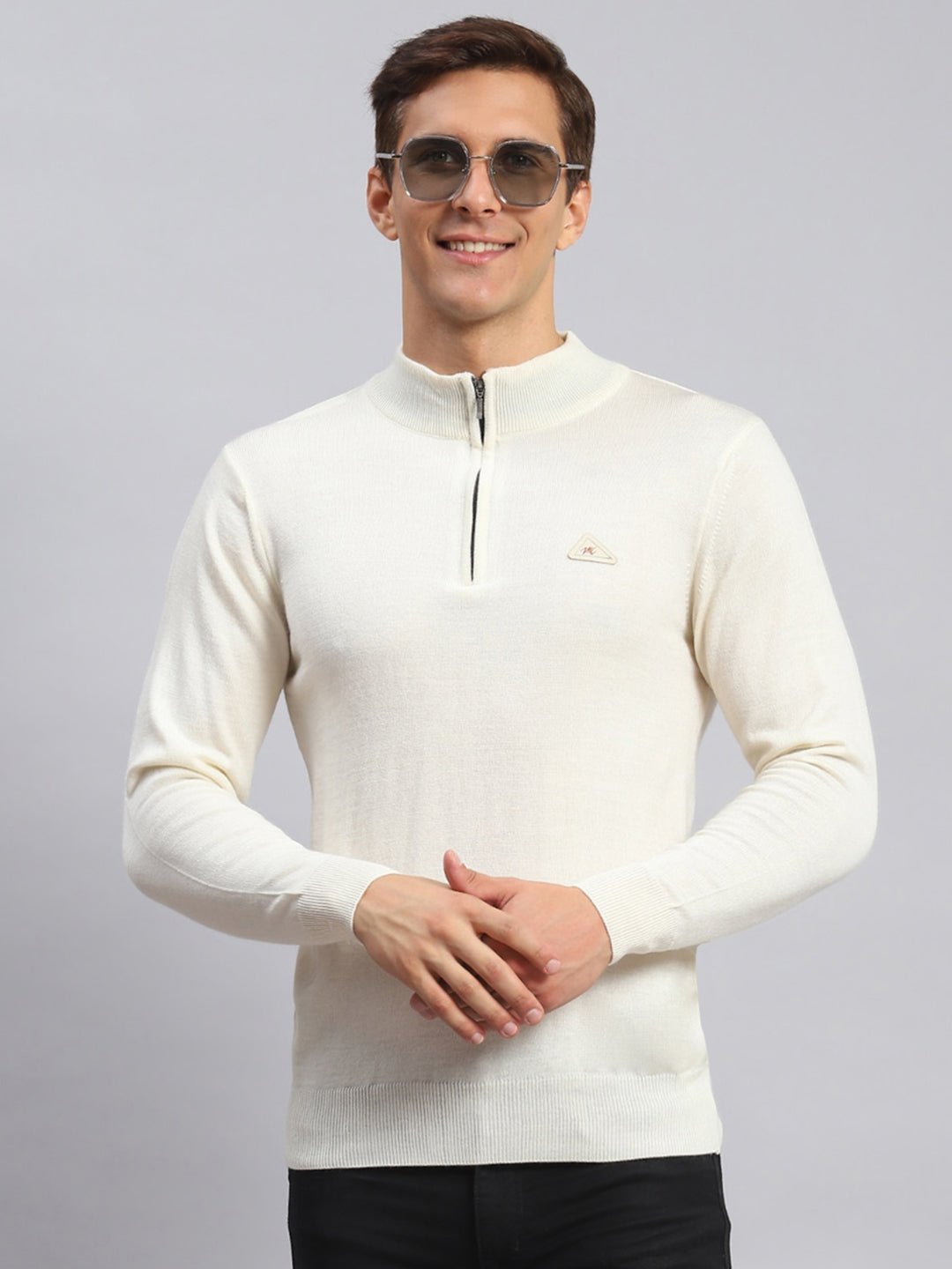 Men Cream Solid Wool blend Pullover