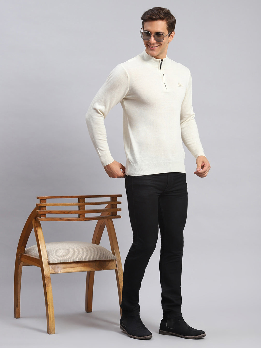Men Cream Solid Wool blend Pullover