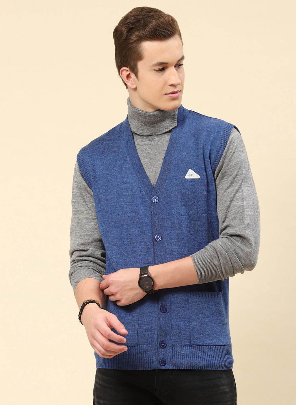Men Blue Solid Blend wool Cardigan