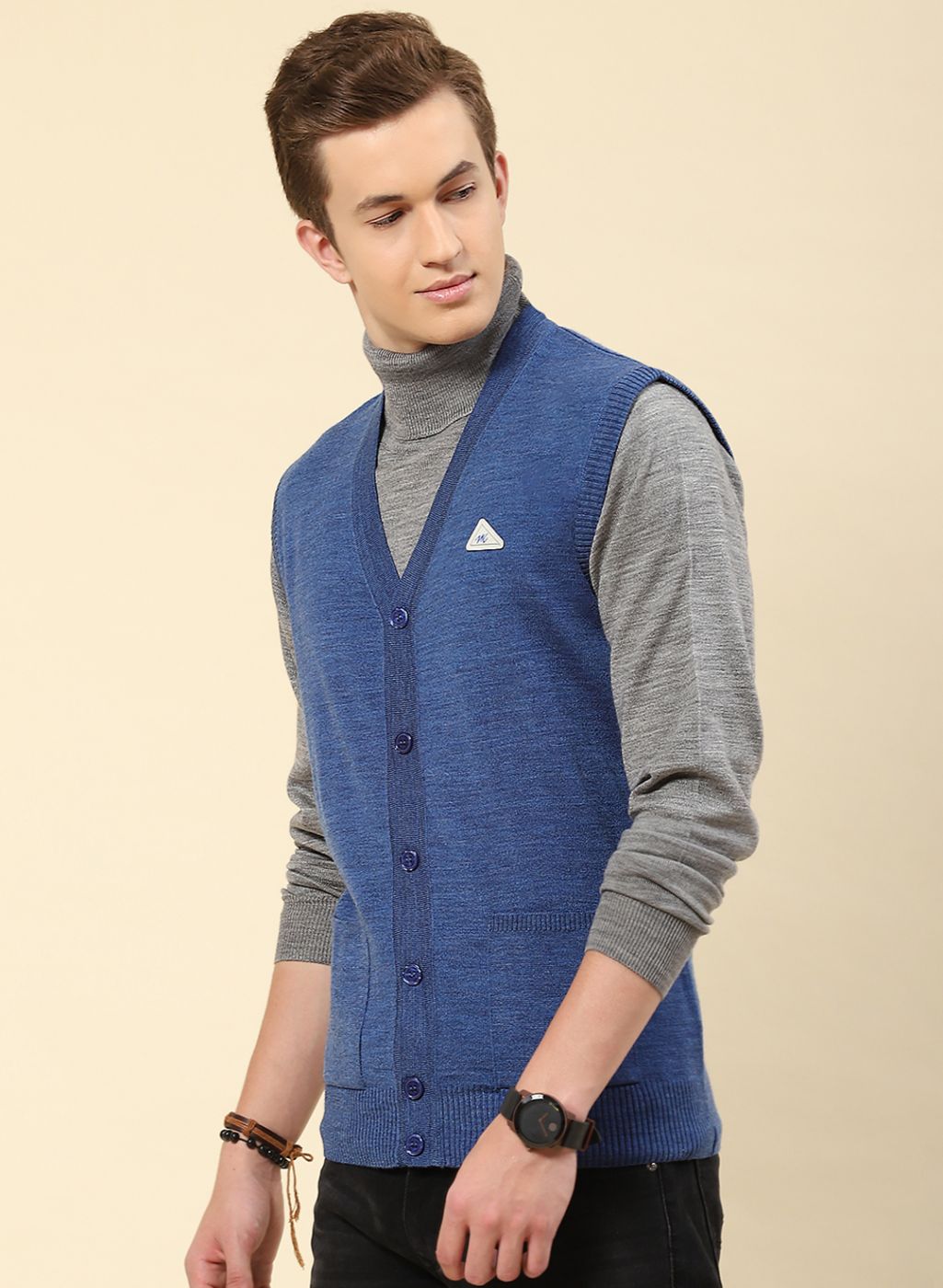 Men Blue Solid Blend wool Cardigan