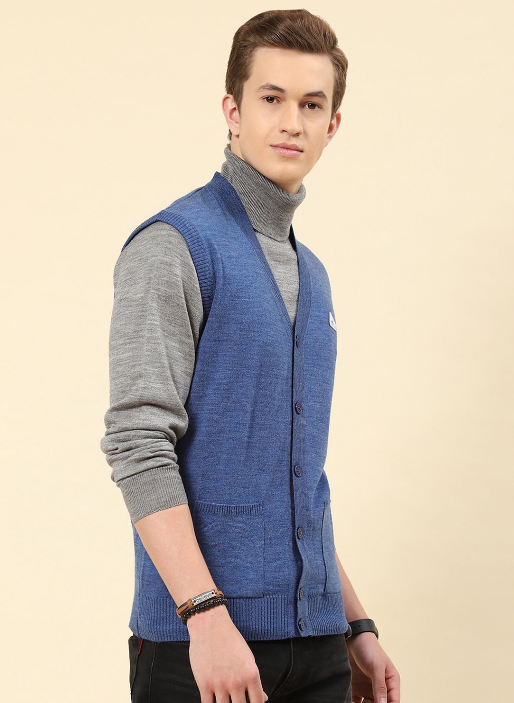 Men Blue Solid Blend wool Cardigan
