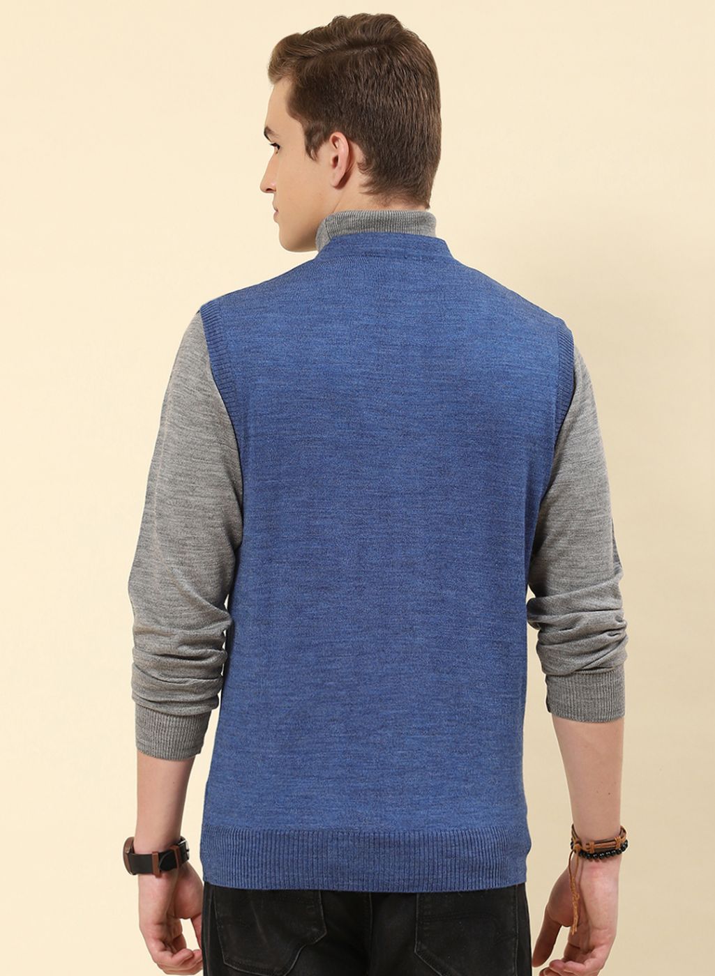 Men Blue Solid Blend wool Cardigan