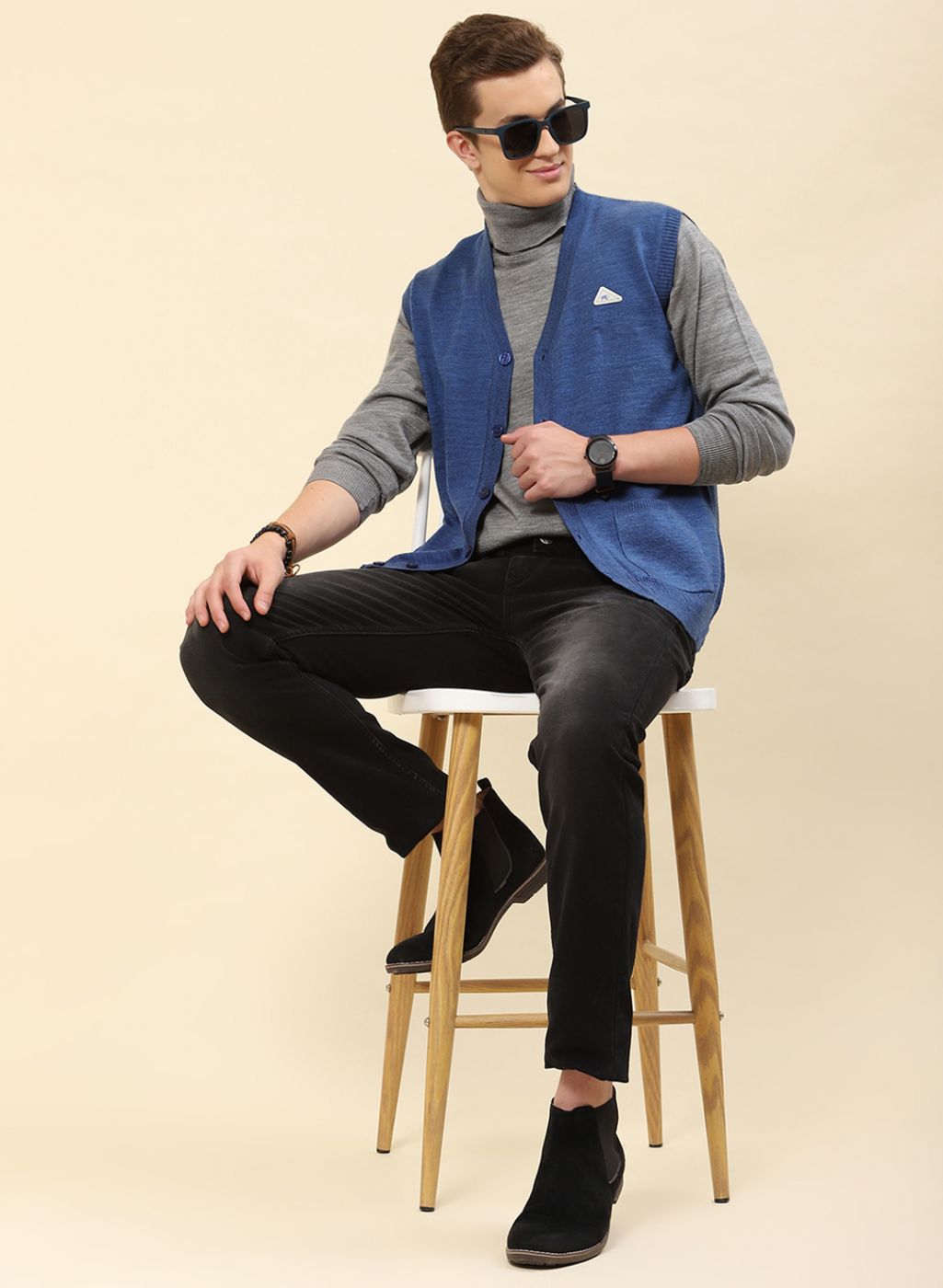 Men Blue Solid Blend wool Cardigan