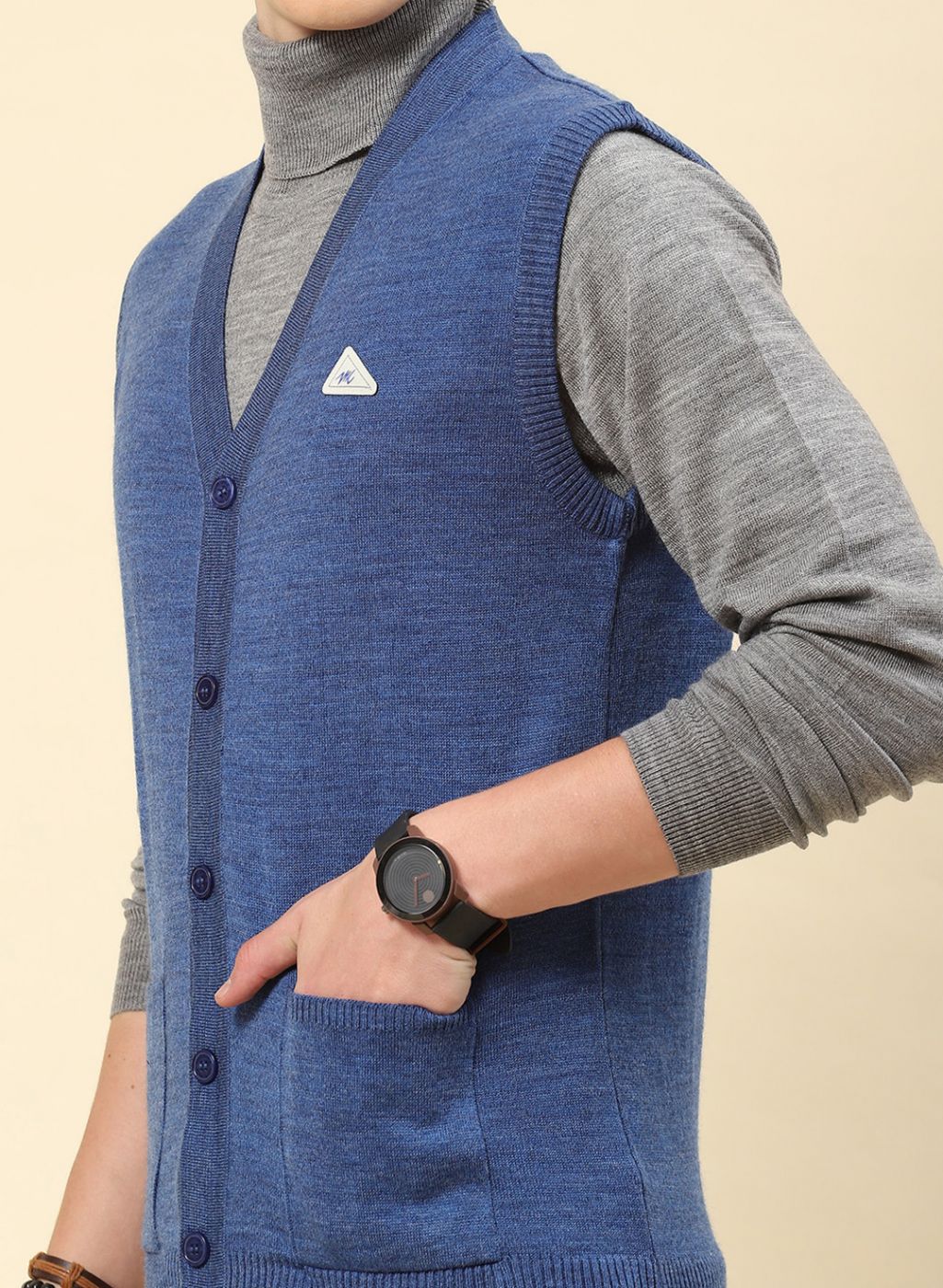 Men Blue Solid Blend wool Cardigan